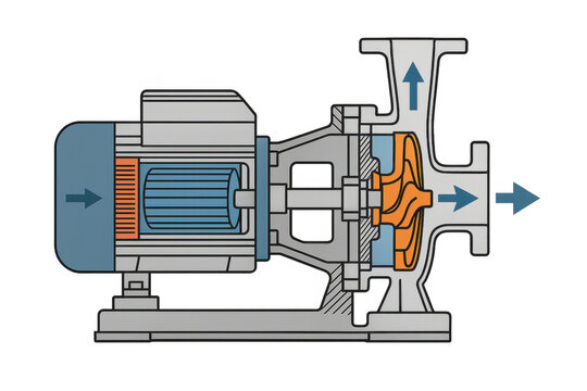 Centrifugal pump cross section diagram illustrating fluid movement powered by an electric motor, transparent background