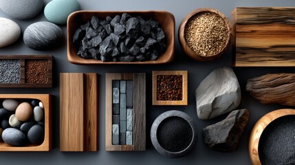 A beautiful arrangement of natural materials including stones, charcoal, and grains. This image showcases textures, colors, and forms. Perfect for design or decor inspiration. AI