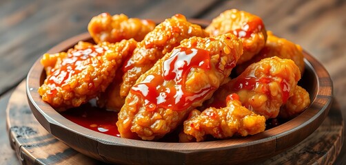 Golden fried chicken pieces glistening with sweet and spicy glaze, served on a rustic wooden plate,  drumsticks,  food styling props