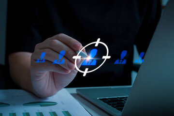 Find. HR management hand choosing virtual people graphic icon diagram, team leader, business marketing, job recruitment, human resource management, job interview, sales and marketing concept