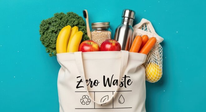 Eco-friendly shopping bag filled with fresh produce and sustainable items for a zero waste lifestyle