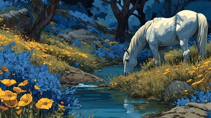 A white horse drinks from a clear mountain river, surrounded by lush grass and bright wildflowers, including blue and yellow.
