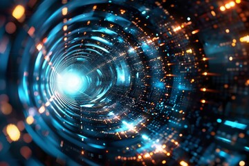 Digital data stream of numbers and letters in the dark tunnel with glow, futuristic background for technology concept
