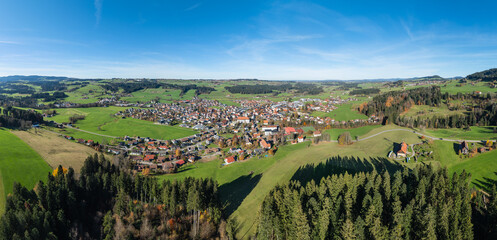 Aerial photo  of the city of Weiler-Simmerberg, district Weiler in the western Allgaeu in Bavaria, Germany