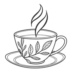 A cup of tea with leaf design isolated on, steam rising up