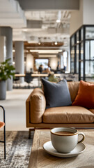 Fototapeta premium A cup of coffee on a wooden table in a modern office lounge, complemented by stylish furniture and a relaxed atmosphere.