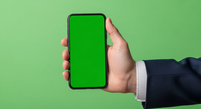 Professional hand holding modern smartphone with green screen ready for your content, perfect for app demos and creative projects.