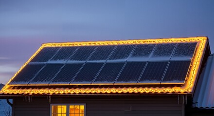 Solar panels covered in snow with decorative lights on house roof  