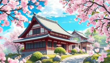 Traditional Japanese house, cherry blossoms in full bloom, anime-style background,  image,  spring