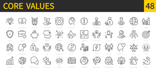 Core values icon set. Relationship, love, communicate, teamwork, positivity, money, family, education, economy, career, community, liberty, justice, purpose, etc. Vector illustration. Editable stroke.