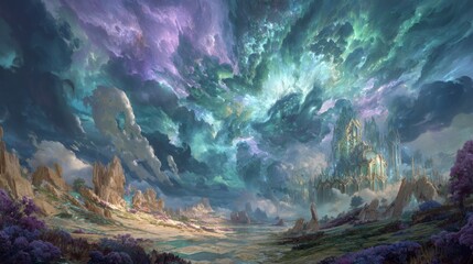 A stunning landscape full of vivid colors. It features a magical sky filled with swirling clouds and vibrant hues. Perfect for fantasy themes and artistic inspiration. AI