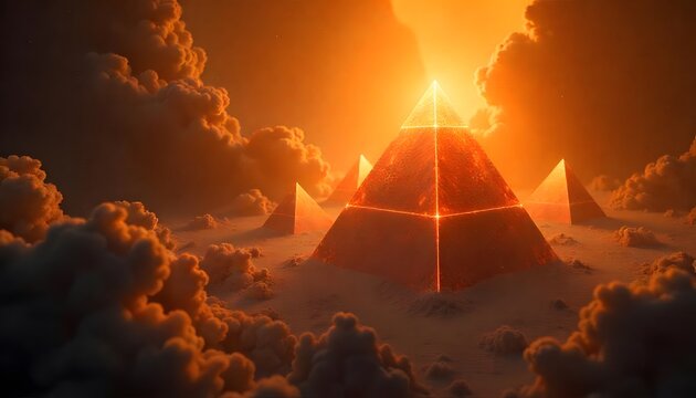 Mysterious glowing pyramid structure emerges from dramatic orange clouds bathed in ethereal light and atmospheric haze