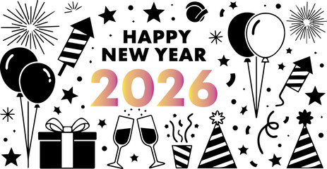 Year 2026 displayed with a vibrant gradient on a dark background design