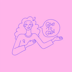 Vector linear portrait of a female character holding one hand on her heart and showing a giving gesture with the other. Cartoon funny minimalistic woman. Linear hand drawn vector element.