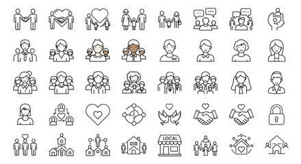 A diverse set of thin line icons representing community, relationships, family, support, and social networking.