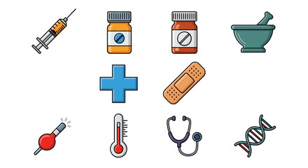 Medical icons set: syringe, bottles, mortar, cross, bandage, stethoscope, dna