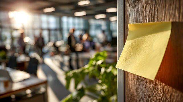 A vibrant yellow sticky note attached to a wooden partition, with a bustling office environment visible in the background. 
