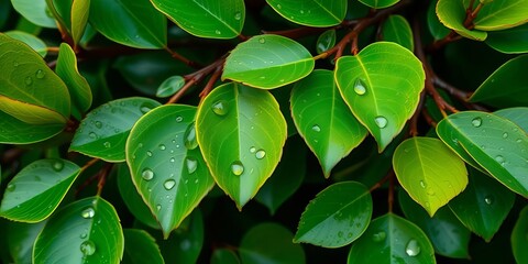Vibrant green eucalyptus leaves glistening with raindrops, aromatherapy, design
