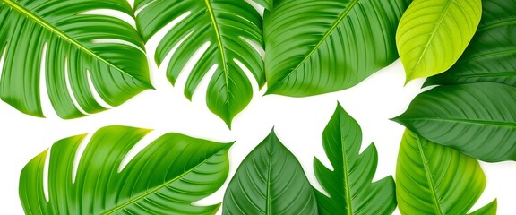 Vibrant green tropical leaves arranged in a flat lay, isolated on white,  palm leaves,  decoration