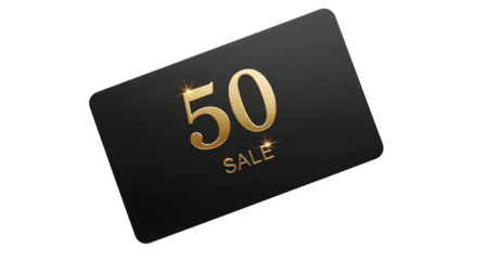 Black gift card with gold text 50 sale and sparkles, isolated on transparent background