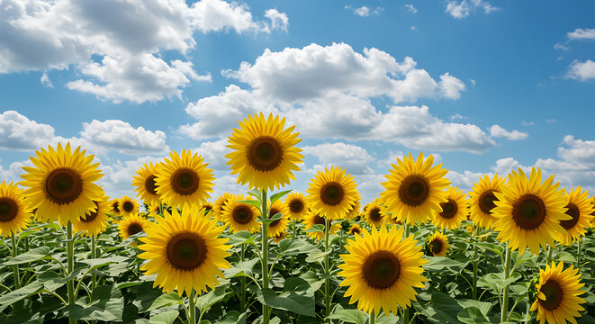 Sunflowers blooming in a field with a vibrant blue sky above - Powered by Adobe