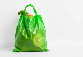Single green plastic grocery bag against white background,  refuse,  container