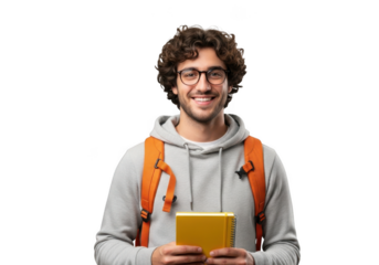 Smiling young man with curly hair wearing glasses and a grey hoodie holding a yellow tablet device isolated on transparent background