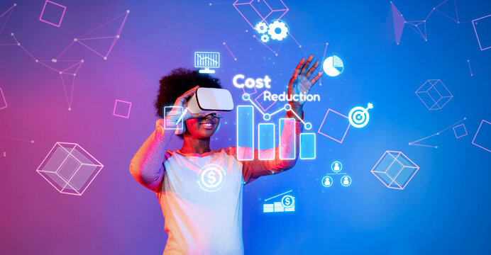 A confident businesswoman engages with virtual reality technology for effective cost management, showcasing innovative strategies for expense reduction and optimization. XDMCP