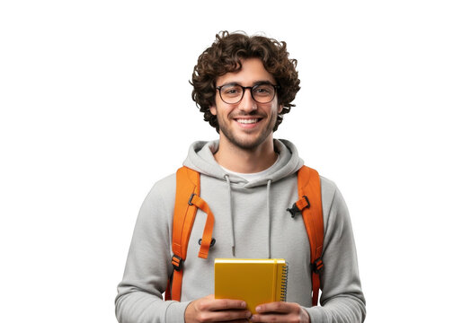 Smiling young man with curly hair wearing glasses and a grey hoodie holding a yellow tablet device isolated on transparent background