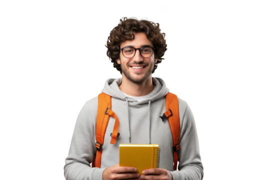 Smiling young man with curly hair wearing glasses and a grey hoodie holding a yellow tablet device isolated on transparent background - Powered by Adobe