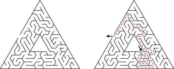 Triangular maze with solved path indicated by red dashed lines and arrows labyrinth