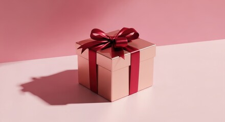 Beautifully wrapped gift box with red ribbon against a pink background showcasing elegant design and playful shadows