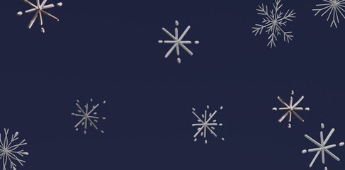 Abstract 3D snowflakes falling on a deep blue background. Ideal for winter and holiday design elements or festive greetings.