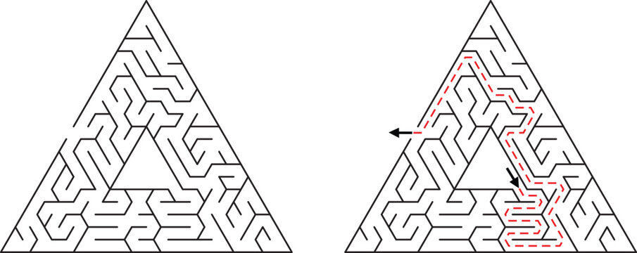 Triangular maze with solved path indicated by red dashed lines and arrows labyrinth