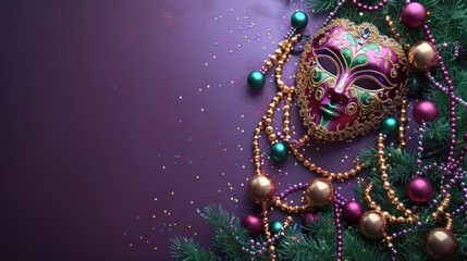 A vibrant venetian mask lies among shiny beads and colorful confetti, evoking joy