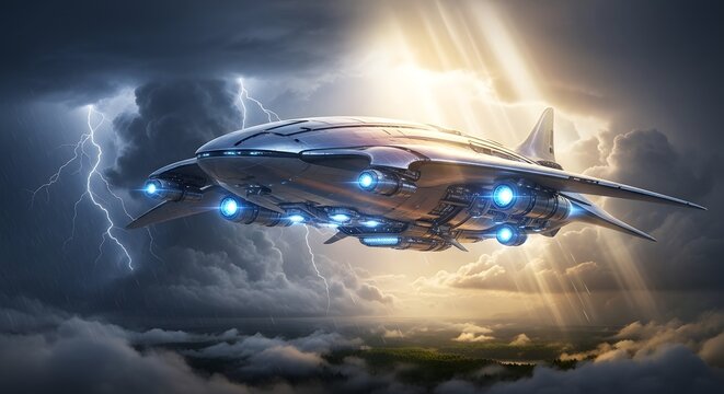 Spaceship futuristic flying through clouds lightning storm fantasy technology adventure travel journey