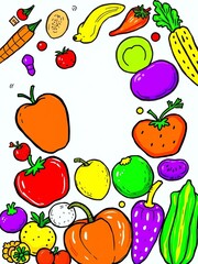 Vibrant, hand-drawn doodles of various fruits and vegetables, showcasing a fun, informal artistic approach to healthy eating,  organic,  clean eating