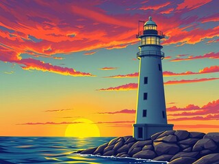 Vector lighthouse illustration, vibrant sunset backdrop, guiding light at sea,  nautical,  sea