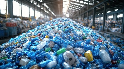 Blue plastic waste piles up at the recycling center, highlighting recycling's importance
