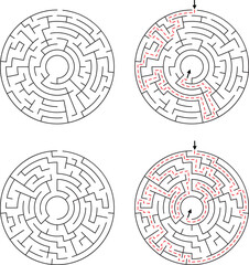 Two Circular Mazes With Solutions Highlighted In Red Lines