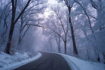 Fototapeta premium Winter Morning Road Winding Through Foggy, Icy Trees
