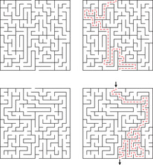 Two Square Mazes With Solutions Highlighted In Red Lines 