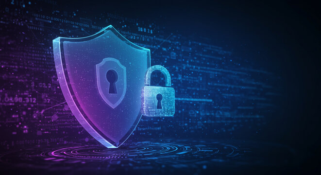 Dynamic digital shield and lock symbolizing robust cybersecurity and data protection in a futuristic network environment
