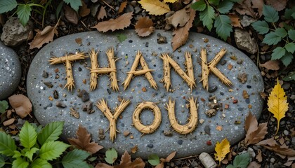 Fototapeta premium “Thank You ” message written with leaves or stones in a garden setting.