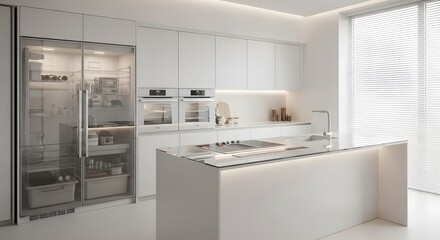 Modern minimalist kitchen design with white cabinets refrigerator island and oven interior architecture style