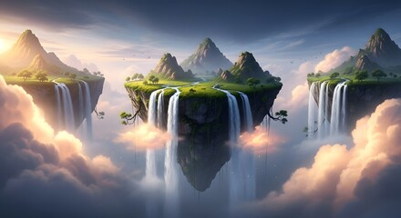 Floating islands waterfalls sky clouds fantasy landscape mountains nature scenic dreamy ethereal