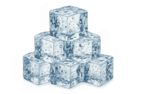 Stack of transparent ice cubes for chilling drinks, refreshing beverages, and cool concepts on a transparent background