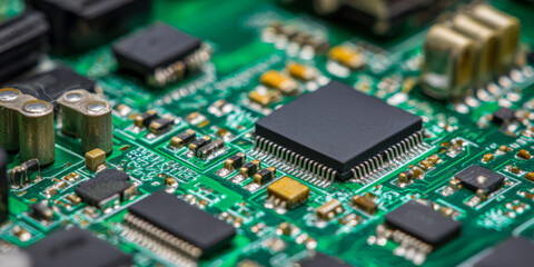 High-resolution view of a motherboard with processor, transistors, resistors, and microchips