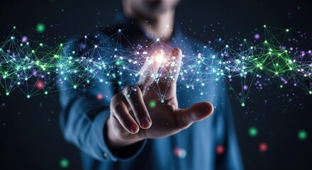 Man interacting with digital connections in a futuristic environment showcasing technology and innovation