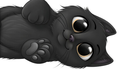 Playful kitten with wide golden eyes on its back cat feline isolated on a transparent background